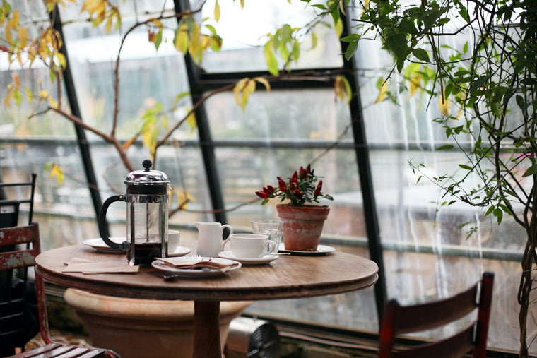 Bình french press và tách cà phê trên bàn gỗ
