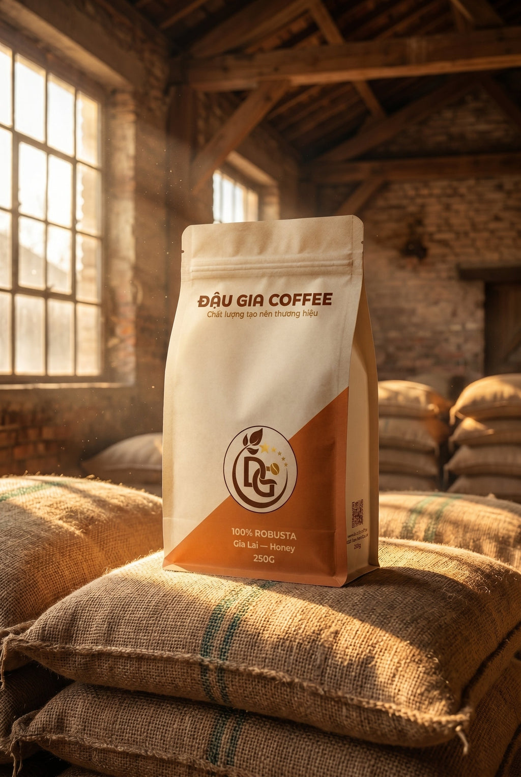Cà phê Robusta Gia Lai Honey trên kho bao đay phong cách vintage Đậu Gia