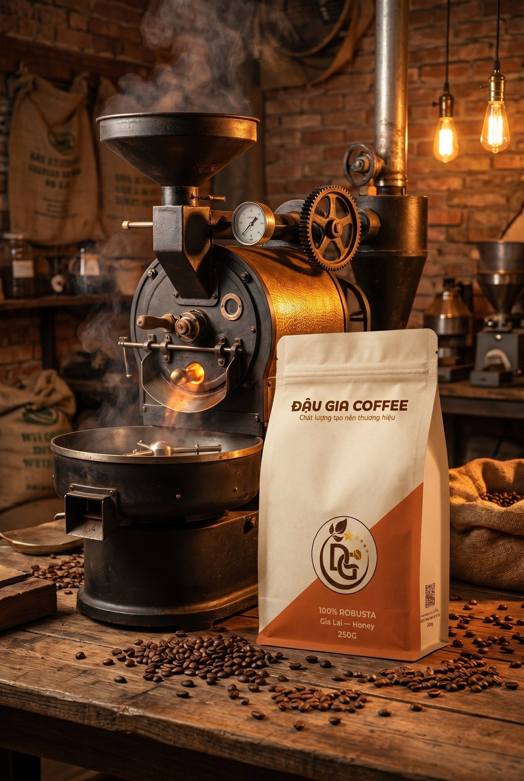 Túi cà phê Robusta Gia Lai Honey bên máy rang cà phê truyền thống Đậu Gia