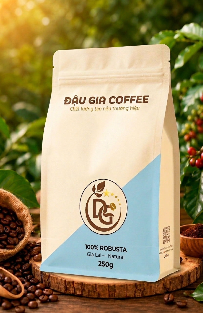 Bao bì cà phê 100% Robusta Gia Lai sơ chế Natural 250g Đậu Gia Coffee nền lá xanh
