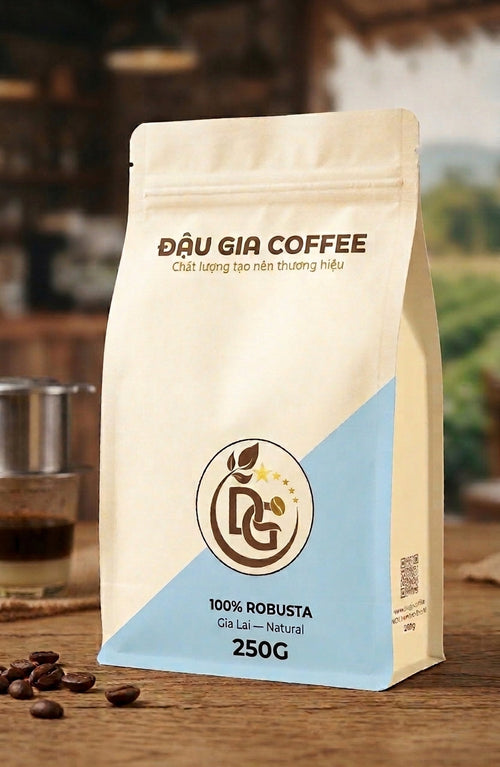 Cà phê Robusta Gia Lai Natural 250g Đậu Gia bên ly phin truyền thống