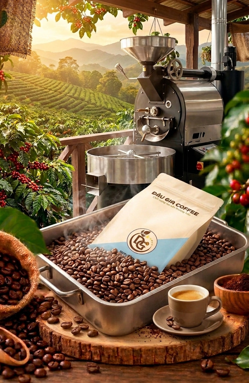 Cà phê Robusta Gia Lai Natural rang theo đơn bên máy rang Đậu Gia Coffee