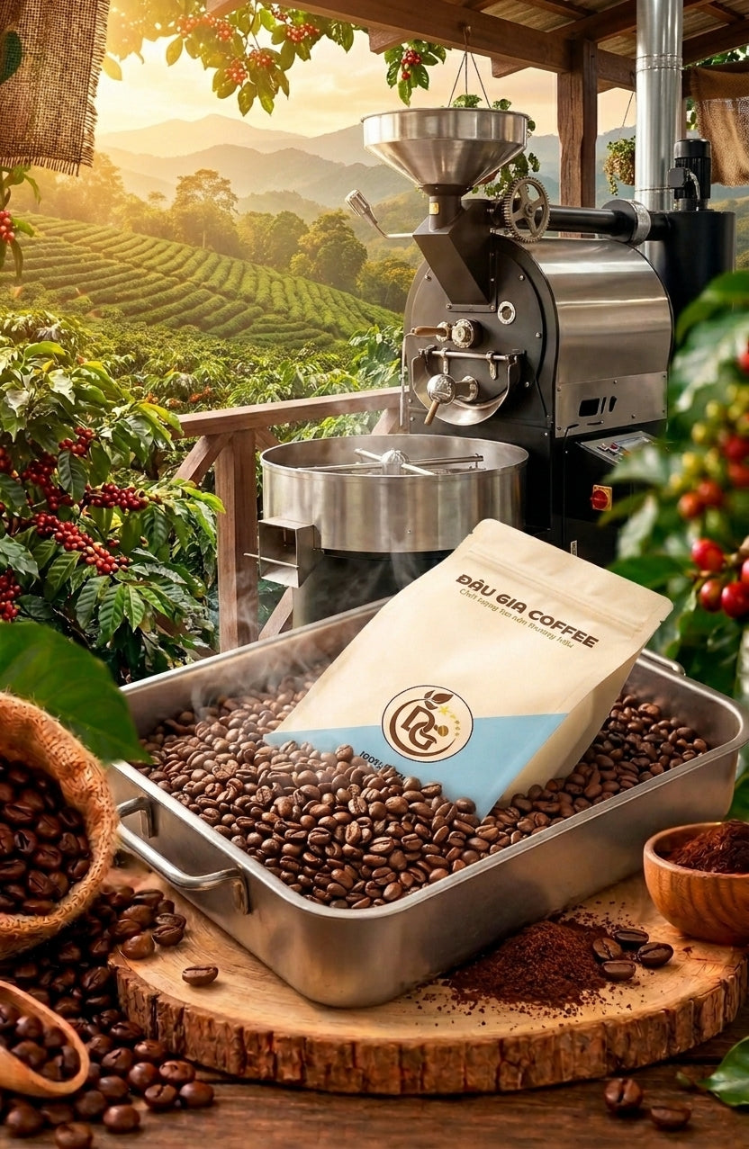 Mẻ cà phê Robusta Gia Lai Natural mới rang khói nóng Đậu Gia Coffee
