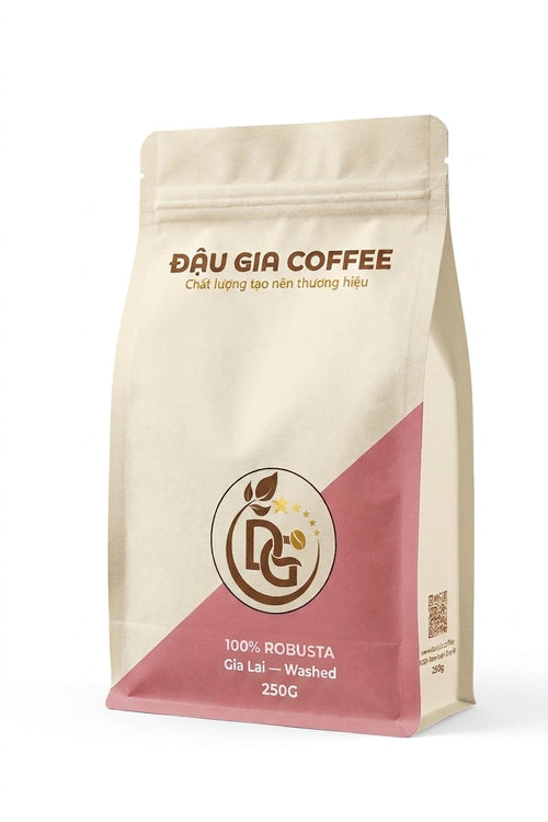 Túi cà phê Robusta Gia Lai sơ chế Washed rang vừa 250g Đậu Gia Coffee