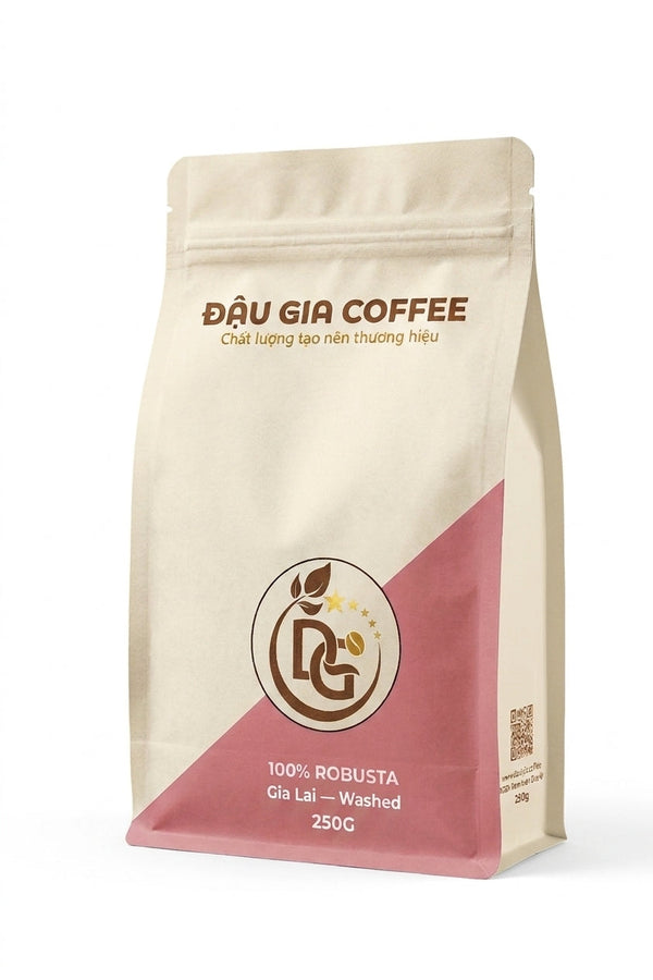 Túi cà phê Robusta Gia Lai sơ chế Washed rang vừa 250g Đậu Gia Coffee