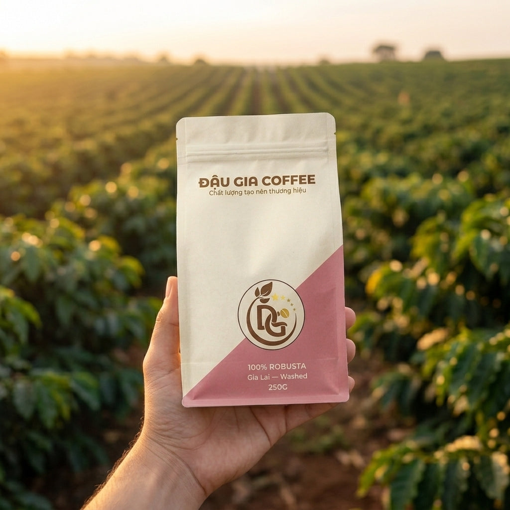 Cà phê Robusta Gia Lai Washed cầm trên tay giữa nông trại Gia Lai lúc bình minh