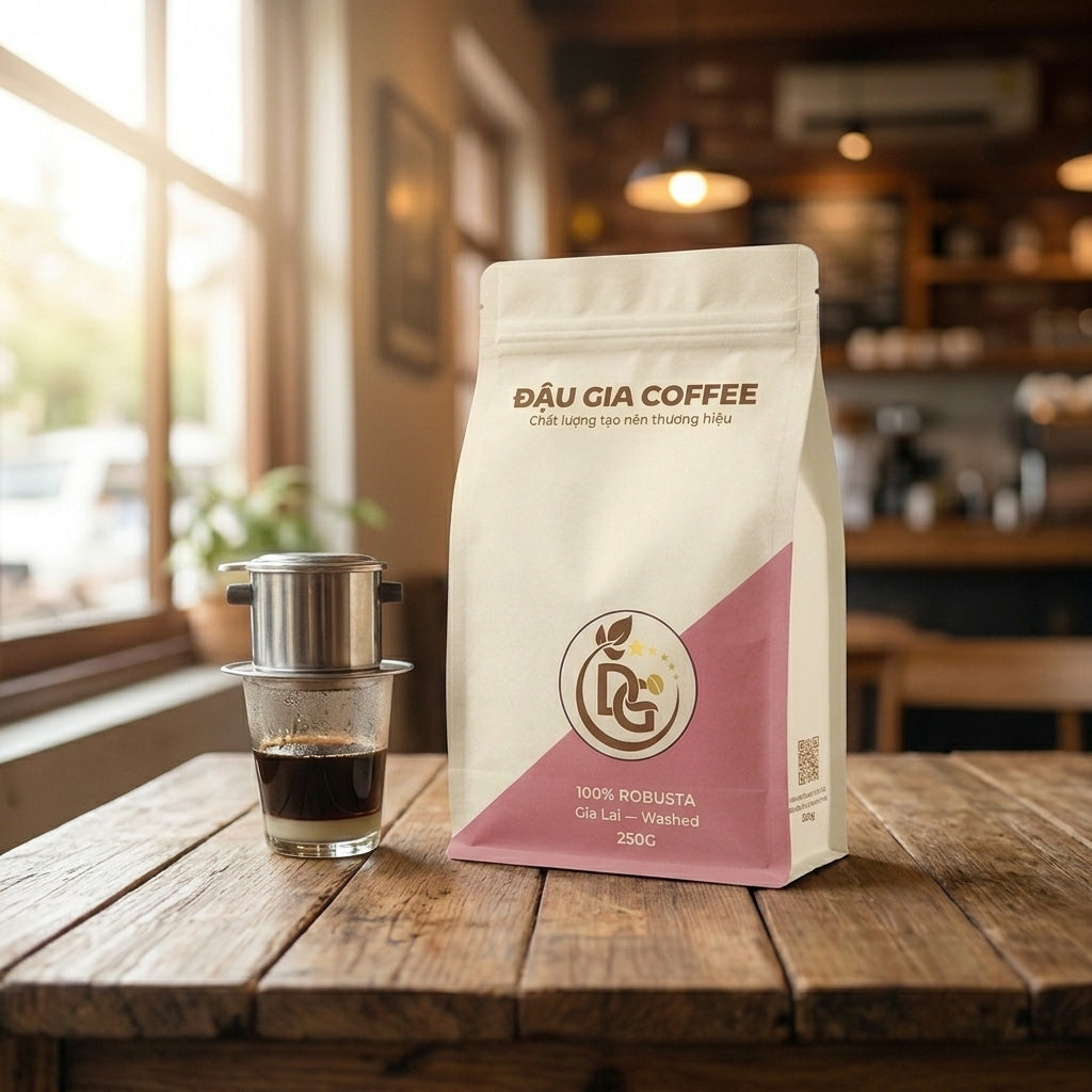 Cà phê Robusta Gia Lai Washed pha phin cùng ly cà phê bên cửa sổ quán Đậu Gia