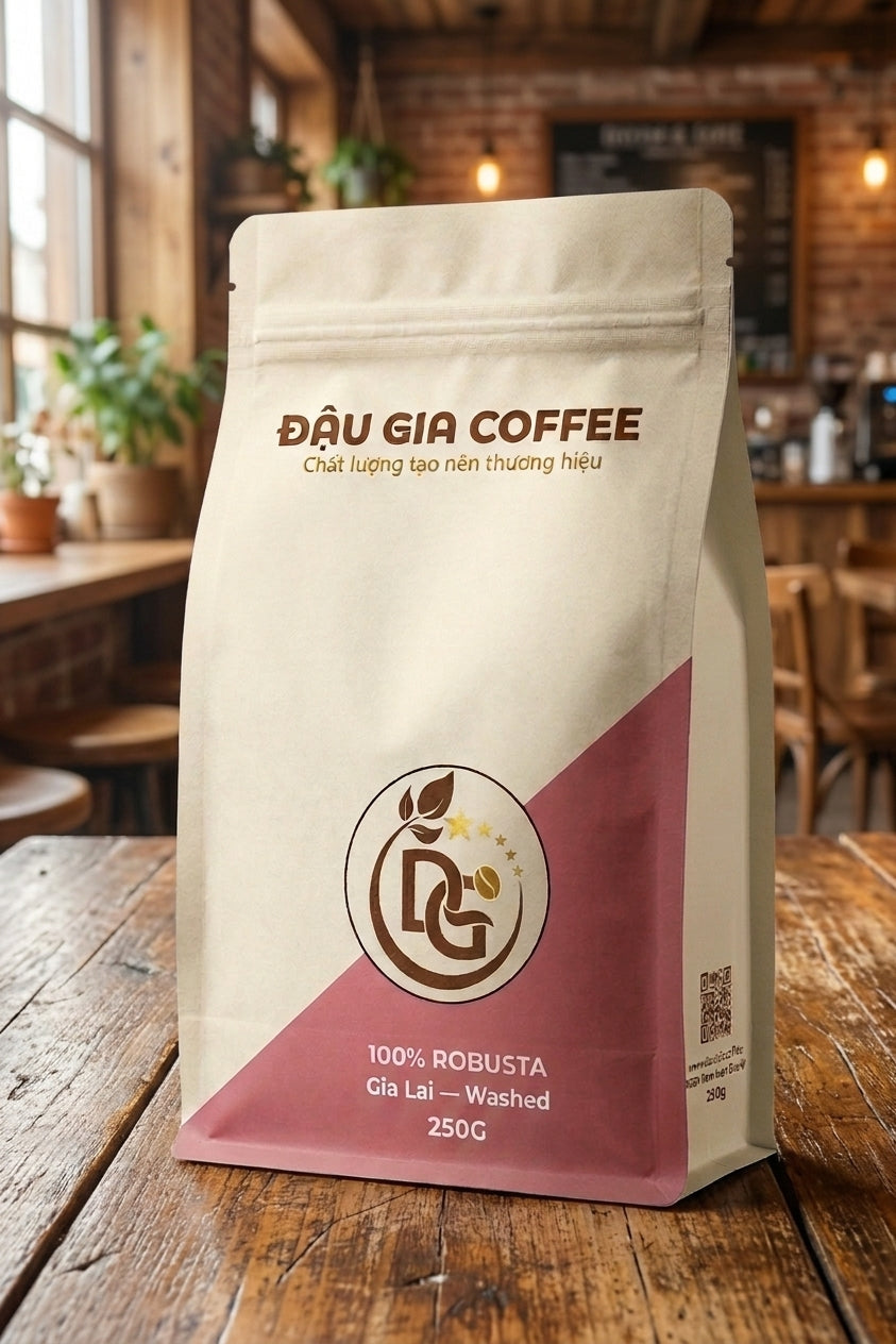 Túi cà phê Robusta Gia Lai Washed trên bàn gỗ quán cà phê Đậu Gia